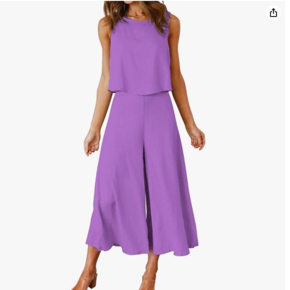 Two-piece summer round neck crop top & wide leg pant